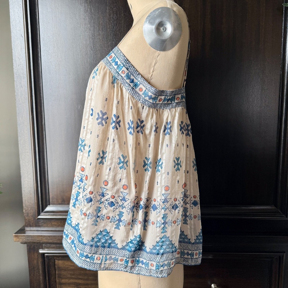NWT JOIE Rosenda Silk Tank Blouse Aztec‎ Print Cream Blue Metallic Threads L NWT - Picture 3 of 17